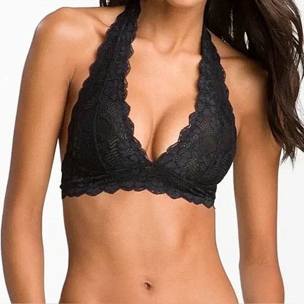 Free People Intimately Womens Lace Bralette Wireless Halter Size XS Black